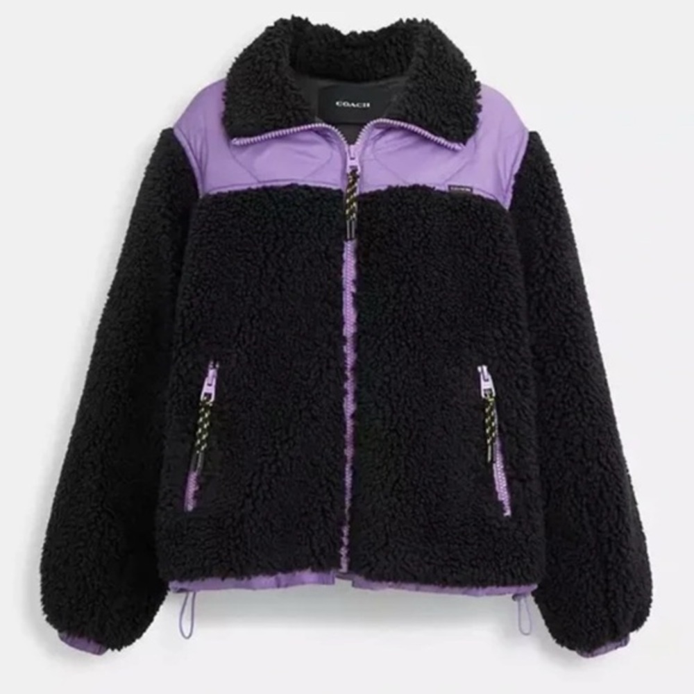 NWT Coach Black & Purple Sherpa & Quilted Zip Jacket 100% Authentic Guaranteed